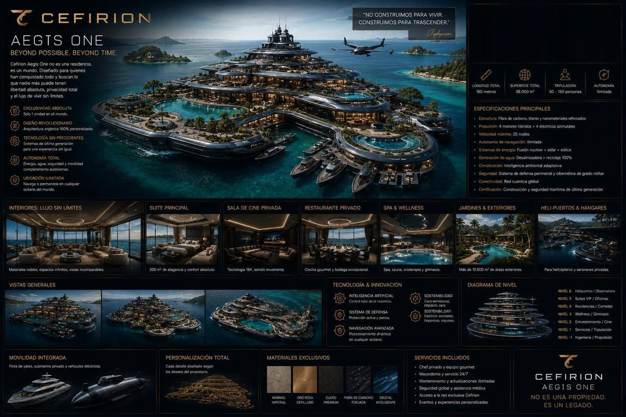Ficha técnica del Cefirion Aegis One: residencia flotante en forma de isla privada de seis niveles sobre un mar turquesa, con helipuertos, jardines y diagrama de niveles.