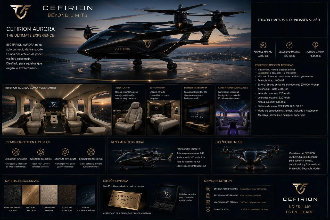 Ficha técnica del Cefirion Aurora: aeronave eVTOL de lujo negra con rotores basculantes sobre un helipuerto costero, con cabina VIP y suite privada.