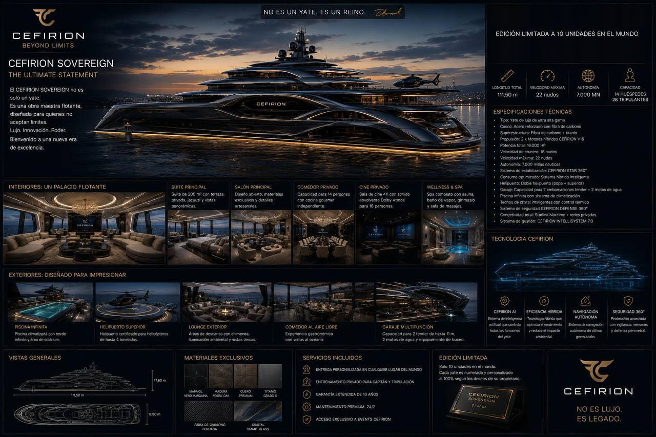 Ficha técnica del Cefirion Sovereign: mega yate de 111,5 metros iluminado al atardecer, con suite principal, cine privado, spa y piscina infinita.