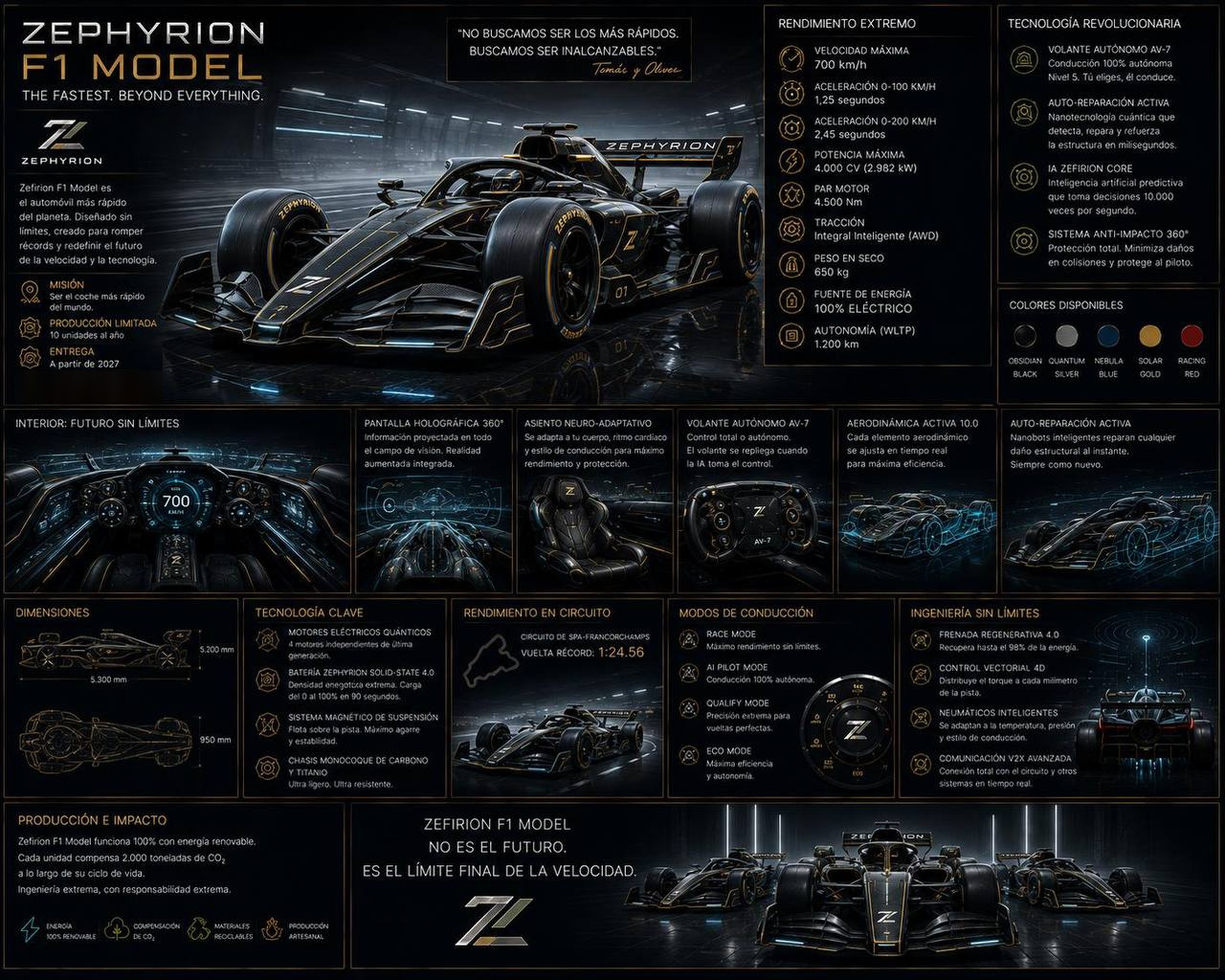 Ficha técnica del Zephyrion F1 Model: monoplaza de competición negro y dorado en un garaje iluminado, con rendimiento extremo, tecnología de conducción autónoma y récord de vuelta.