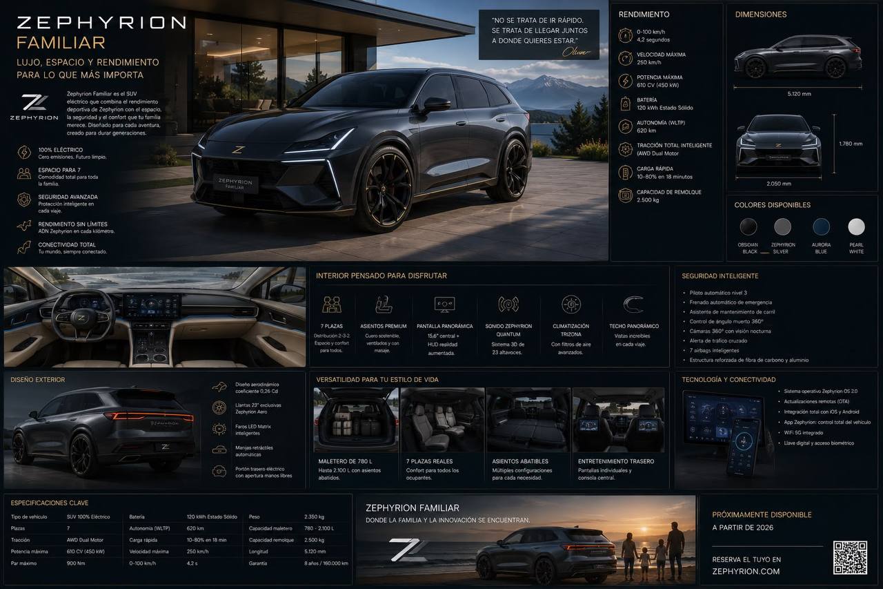 Ficha técnica del Zephyrion Familiar: SUV eléctrico familiar de 7 plazas gris oscuro ante un paisaje de montaña, con datos de rendimiento, dimensiones, colores disponibles y equipamiento interior.