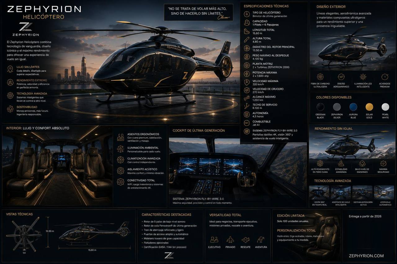 Ficha técnica del Zephyrion Helicóptero: bimotor negro y dorado posado en un helipuerto al atardecer sobre la ciudad, con especificaciones técnicas, cabina de lujo y cockpit digital.