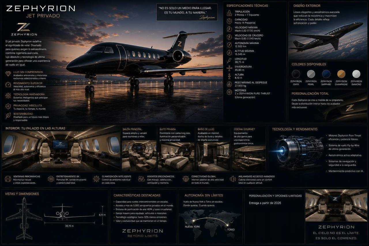 Ficha técnica del Zephyrion Jet Privado: reactor ejecutivo negro y dorado en pista al amanecer, con especificaciones de vuelo, salón principal y suite privada.