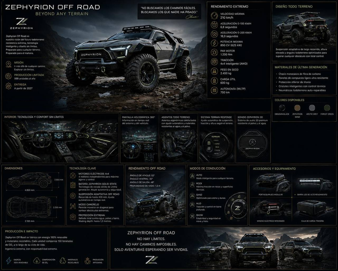 Ficha técnica del Zephyrion Off Road: todoterreno eléctrico gris oscuro sobre un río de rocas, con especificaciones de rendimiento, dimensiones, modos de conducción y colores disponibles.
