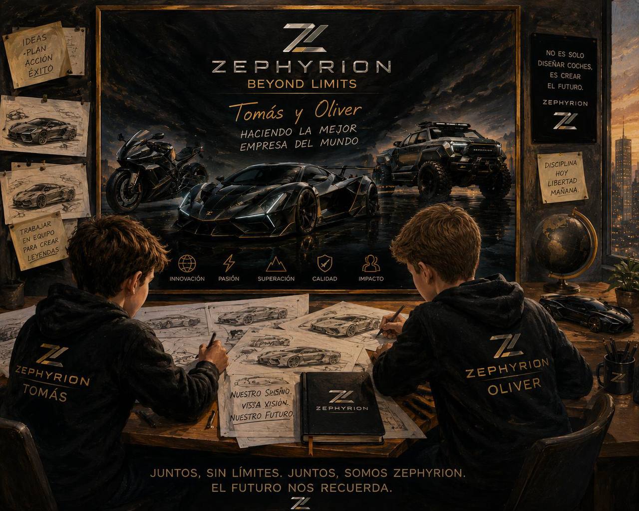Mural de Zephyrion: Tomás y Oliver, de espaldas, dibujan bocetos de coches en un escritorio frente a una pizarra con el logo de la marca, un hiperdeportivo, un todoterreno y una moto, bajo el rótulo Tomás y Oliver haciendo la mejor empresa del mundo.