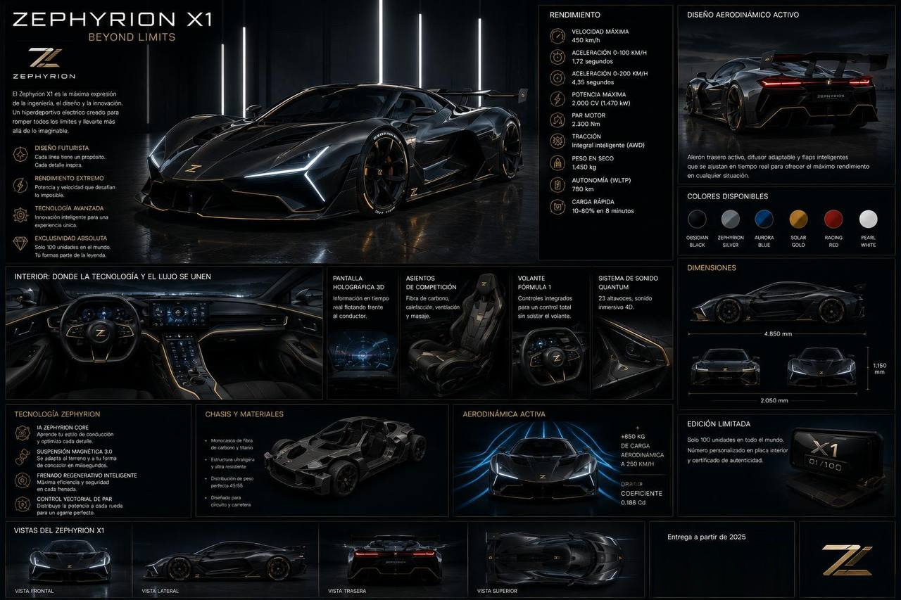 Ficha técnica del Zephyrion X1: hiperdeportivo eléctrico negro con líneas de luz, junto a datos de rendimiento, interior y chasis de fibra de carbono.