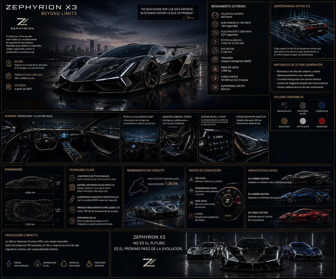 Ficha técnica del Zephyrion X3: hiperdeportivo eléctrico negro angular ante un skyline nocturno, con rendimiento extremo, aerodinámica activa, modos de conducción y variantes exclusivas.